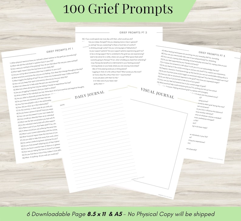 An image featuring the Grief Prompts PDF. The journal prompts show the intricacies of grief and healing through a variety of introspective thoughts and questions.