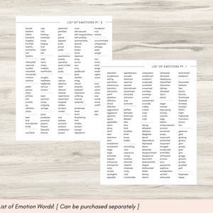 May include: Two black and white printable lists of emotion words. The first list includes words like absorbed, acceptance, aching, apprehension, and compassion. The second list includes words like hamed, lazy, pessimism, and triumphant.