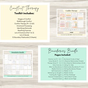 May include: A printable digital download for a boundaries bundle. The bundle includes pages for emotion lists, value words, therapy notes, daily overview, what are boundaries, weekly emotions, self examination, reframing thoughts, tracking triggers, personal compliments, personal goals, social circles, influential relationship prompts, asking for help, relationship boundaries, setting boundaries phrases, weekly to-do, weekly outline, 30-day challenge, yearly mood tracker, and a blank journal page.