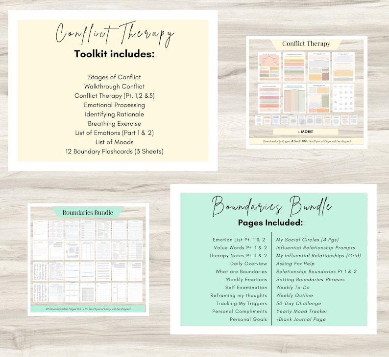 May include: A printable digital download for a boundaries bundle. The bundle includes pages for emotion lists, value words, therapy notes, daily overview, what are boundaries, weekly emotions, self examination, reframing thoughts, tracking triggers, personal compliments, personal goals, social circles, influential relationship prompts, asking for help, relationship boundaries, setting boundaries phrases, weekly to-do, weekly outline, 30-day challenge, yearly mood tracker, and a blank journal page.