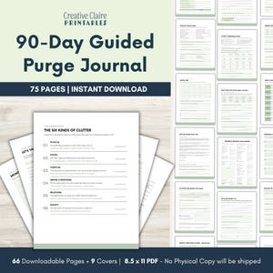 Puede incluir: Un conjunto imprimible de diario de purga guiado de 90 días de Creative Claire Printables con 75 páginas. El documento incluye un marco titulado The Six Kinds of Clutter, que enumera las categorías física, digital, financiera, mental, emocional, relacional e identidad.