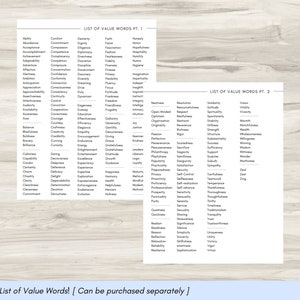 May include: A printable list of value words divided into two parts. The first part includes words like ability, comfort, dexterity, and faith. The second part includes words like resolution, resourcefulness, solitude, and vision.