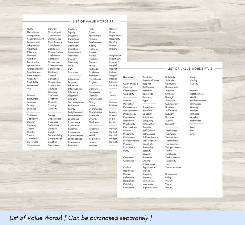 May include: A printable list of value words divided into two parts. The first part includes words like ability, comfort, dexterity, and faith. The second part includes words like resolution, resourcefulness, solitude, and vision.