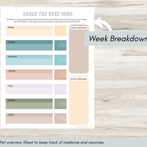 May include: A printable worksheet with a light brown background and colorful boxes. The worksheet is titled "Break the Week Down" and includes a section for "Words of Affirmation". The worksheet is designed to help track triggering events and overall mental health.