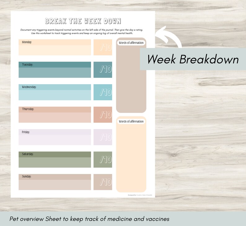 May include: A printable worksheet with a light brown background and colorful boxes. The worksheet is titled "Break the Week Down" and includes a section for "Words of Affirmation". The worksheet is designed to help track triggering events and overall mental health.