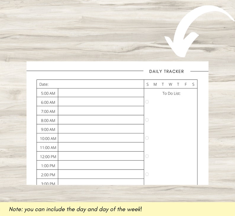 May include: A printable daily tracker with a blank space for the date, a time column from 5:00 AM to 3:00 PM, and a section for a to-do list. The days of the week are labeled S, M, T, W, T, F, S.
