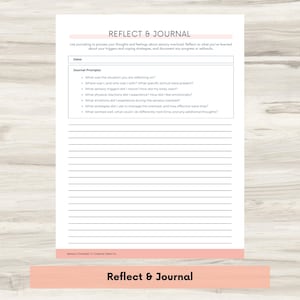 May include: A printable worksheet with the title "Reflect & Journal" and prompts for journaling about sensory overload. The worksheet includes questions about the situation, sensory triggers, physical reactions, emotions, coping strategies, and what worked well.