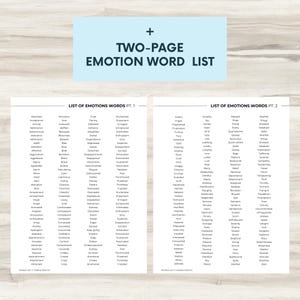 May include: Two-page printable list of emotion words, divided into two columns. The first column is titled "List of Emotions Words Pt. 1" and the second column is titled "List of Emotions Words Pt. 2".
