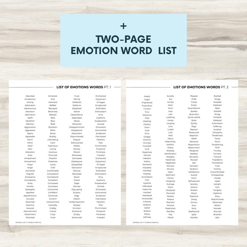 May include: Two-page printable list of emotion words, divided into two columns. The first column is titled "List of Emotions Words Pt. 1" and the second column is titled "List of Emotions Words Pt. 2".