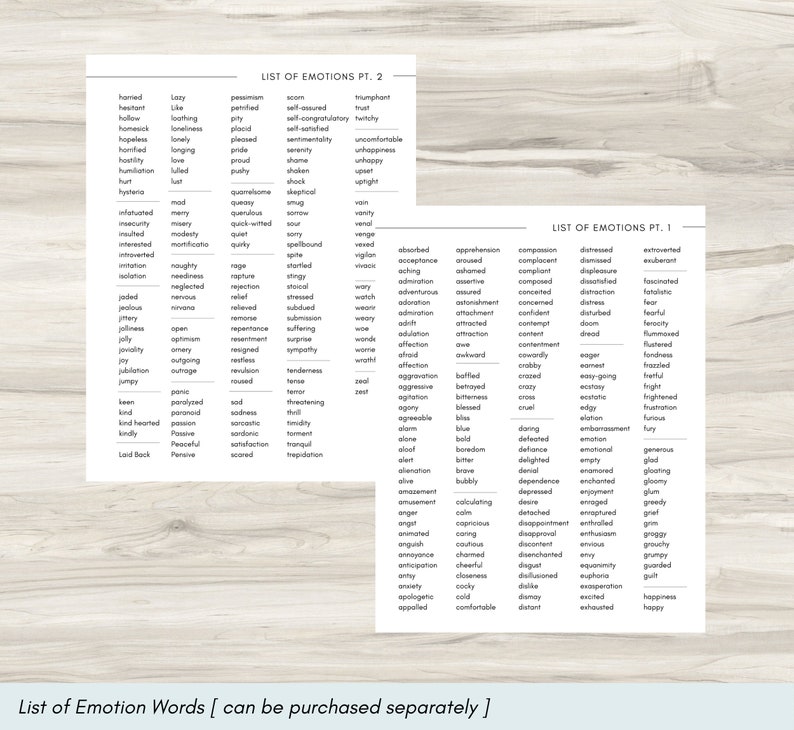 May include: Two black and white printable lists of emotion words. The first list is titled "List of Emotions Pt. 1" and the second list is titled "List of Emotions Pt. 2". The lists are on a woodgrain background.