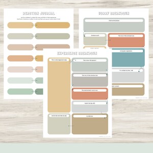 May include: Printable worksheets for journaling and breaking down experiences. The worksheets have sections for recording what happened, how you feel about it, and how to manage your emotions. The worksheets are in a light brown, green, and blue colour scheme.