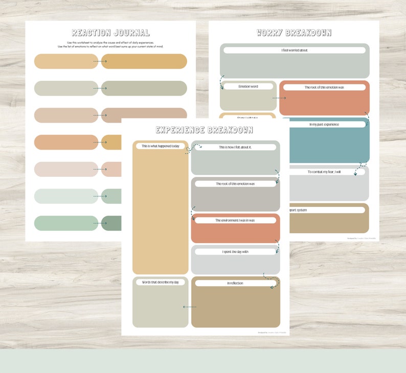 May include: Printable worksheets for journaling and breaking down experiences. The worksheets have sections for recording what happened, how you feel about it, and how to manage your emotions. The worksheets are in a light brown, green, and blue colour scheme.