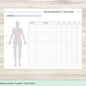 Peut inclure: Un tableau de suivi des mesures imprimable avec une silhouette d'une personne et une grille pour enregistrer les mesures. Le tableau comprend des colonnes pour la date, les notes, le cou, la poitrine, la taille, les hanches et les cuisses.
