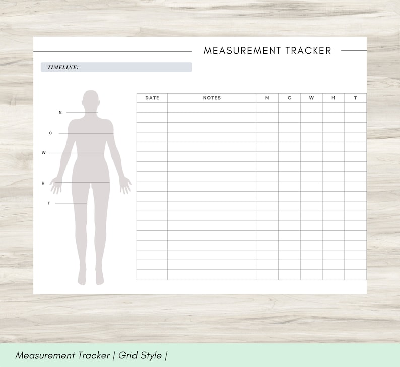 Peut inclure: Un tableau de suivi des mesures imprimable avec une silhouette d'une personne et une grille pour enregistrer les mesures. Le tableau comprend des colonnes pour la date, les notes, le cou, la poitrine, la taille, les hanches et les cuisses.