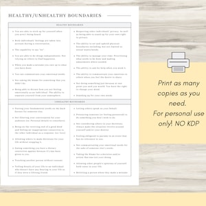 May include: A printable chart with a list of healthy and unhealthy boundaries. The chart is divided into two columns, one for healthy boundaries and one for unhealthy boundaries. The chart is printed on a light yellow background.