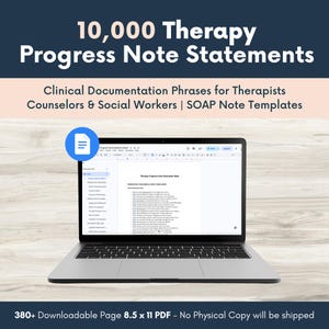 May include: A laptop screen displays a document titled Therapy Progress Note Statement Bank, featuring clinical documentation phrases for therapists, counselors, and social workers, including SOAP note templates in an 8.5 x 11 inch PDF format.