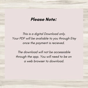 Puede incluir: Texto sobre un fondo blanco con las palabras "Por favor, tenga en cuenta:" en negrita negra. El texto explica que esta es una descarga digital &uacute;nicamente y que el PDF estar&aacute; disponible a trav&eacute;s de Etsy una vez que se reciba el pago. Tambi&eacute;n indica que la descarga no ser&aacute; accesible a trav&eacute;s de la aplicaci&oacute;n y que se necesita un navegador web para descargar.