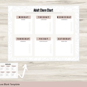 May include: A printable chore chart with a mauve background and a white floral pattern. The chart is divided into seven sections, one for each day of the week. Each section has a title, such as "Monday" or "Tuesday", and a list of chores to be completed. The chores are listed in a column on the right side of each section. The chart is designed to help people stay organized and on top of their household tasks.