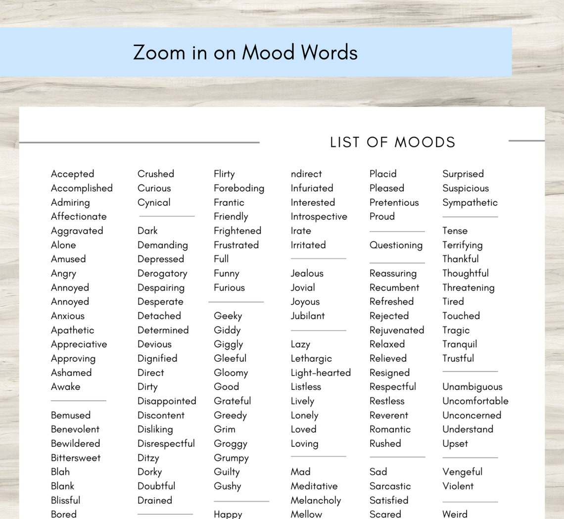 List of Mood Words Emotion Words Mood Tracker Self-care - Etsy