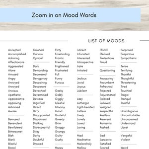 May include: A list of mood words organized into columns. The words are categorized by feeling, such as happy, sad, angry, and excited. The list is a great resource for writers, artists, and anyone who wants to explore different emotions.