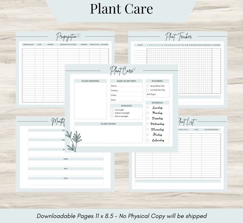 May include: Printable plant care planner with sections for propagation, plant tracker, monthly calendar, and plant list. The pages are light blue with black text and a green plant illustration.