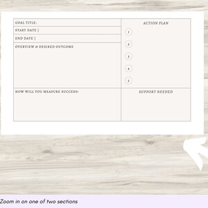 May include: A printable goal setting worksheet with sections for goal title, start date, end date, overview and desired outcome, action plan, how to measure success, and support needed.