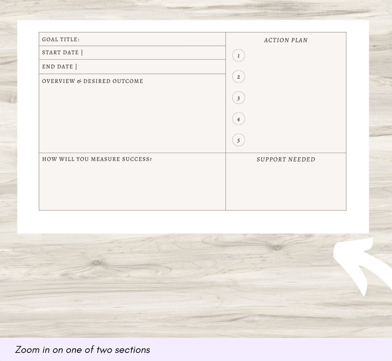 May include: A printable goal setting worksheet with sections for goal title, start date, end date, overview and desired outcome, action plan, how to measure success, and support needed.