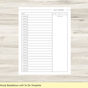 May include: A printable daily tracker with a to-do list and hourly breakdown from 5:00 AM to 2:00 AM. The tracker includes a section for the date and days of the week.