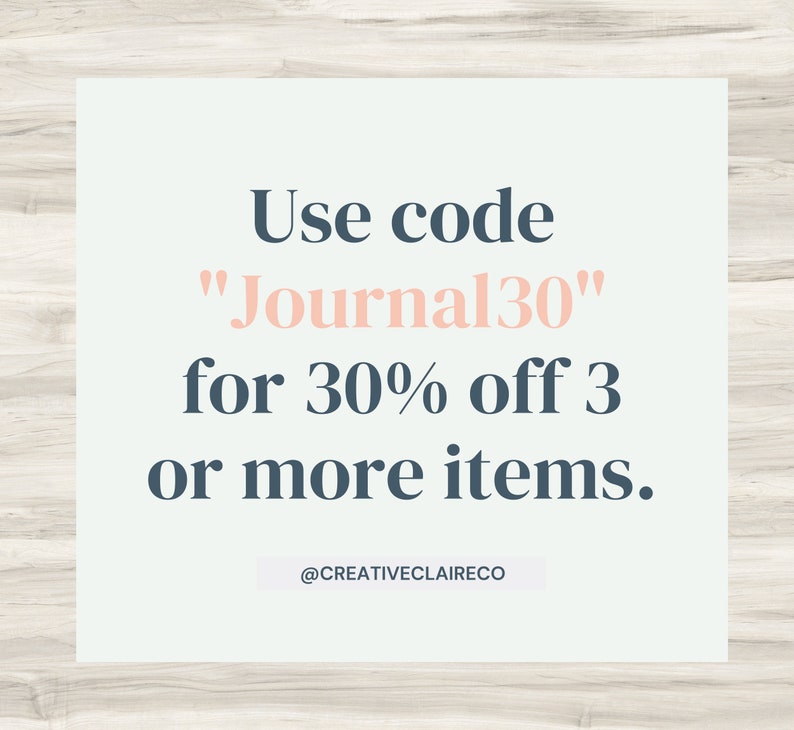 以下が含まれることがあります： 「Use code "Journal30" for 30% off 3 or more items.」と「@CREATIVECLAIRECO」というテキストが書かれた白と青のグラフィックです。