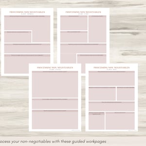 May include: Four printable worksheets with a light pink background and brown text. The worksheets are titled "Processing Non-Negotiables" and are divided into four parts. Each part includes a series of questions to help you identify your non-negotiables in a relationship.