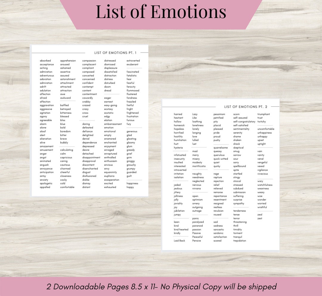 Emotions List: Mental Health, Feelings, Mood Tracker (digital Files) - Etsy