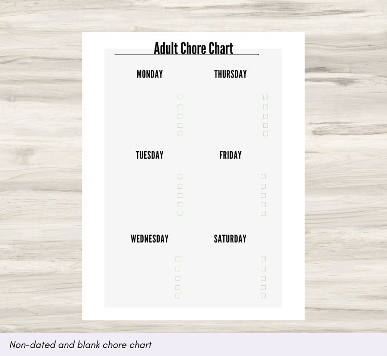May include: A printable chore chart with a black and white design. The chart is divided into seven columns, one for each day of the week. Each column has a list of blank boxes for checking off chores.
