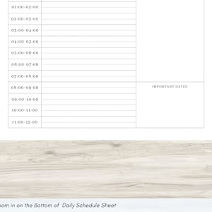 Pode incluir: Uma folha de programa&ccedil;&atilde;o di&aacute;ria branca com hor&aacute;rios das 1h00 &agrave;s 12h00. A folha inclui uma se&ccedil;&atilde;o para "DATAS IMPORTANTES". O texto "Zoom in on the Bottom of Daily Schedule Sheet" est&aacute; na parte inferior.