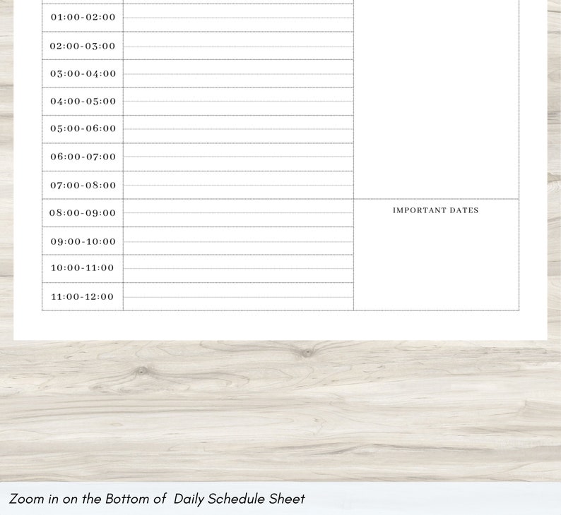 Pode incluir: Uma folha de programa&ccedil;&atilde;o di&aacute;ria branca com hor&aacute;rios das 1h00 &agrave;s 12h00. A folha inclui uma se&ccedil;&atilde;o para "DATAS IMPORTANTES". O texto "Zoom in on the Bottom of Daily Schedule Sheet" est&aacute; na parte inferior.