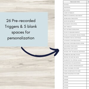 Peut inclure: Un tableau listant 26 d&eacute;clencheurs d'anxi&eacute;t&eacute; courants, notamment les naus&eacute;es, les &eacute;tourdissements, les rougeurs et une boule dans la gorge. Le tableau comprend &eacute;galement 5 espaces vierges pour la personnalisation. Le texte "26 d&eacute;clencheurs pr&eacute;enregistr&eacute;s et 5 espaces vierges pour la personnalisation" est &eacute;crit en bleu sur un fond bleu clair.