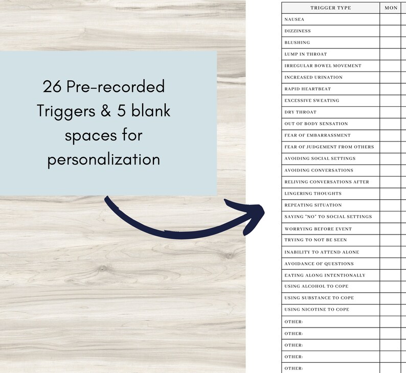 Peut inclure: Un tableau listant 26 d&eacute;clencheurs d'anxi&eacute;t&eacute; courants, notamment les naus&eacute;es, les &eacute;tourdissements, les rougeurs et une boule dans la gorge. Le tableau comprend &eacute;galement 5 espaces vierges pour la personnalisation. Le texte "26 d&eacute;clencheurs pr&eacute;enregistr&eacute;s et 5 espaces vierges pour la personnalisation" est &eacute;crit en bleu sur un fond bleu clair.