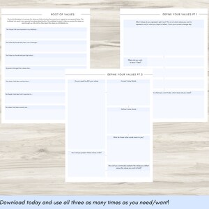 May include: A printable worksheet with the title "Root of Values" and "Define Your Values" in two parts. The worksheet is designed to help you identify and define your personal values.
