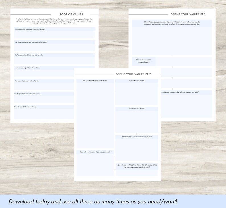 May include: A printable worksheet with the title "Root of Values" and "Define Your Values" in two parts. The worksheet is designed to help you identify and define your personal values.