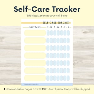 Op de afbeelding: Een printbare zelfzorgtracker met een gele achtergrond en blauwe tekst. De tracker heeft een sectie voor dagelijkse taken en een sectie voor elke dag van de week. De tracker is ontworpen om mensen te helpen hun welzijn te prioriteren.