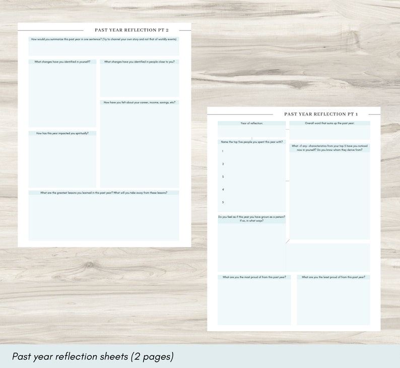May include: Two printable pages with a light blue background and black text. The pages are titled "Past Year Reflection Pt. 1" and "Past Year Reflection Pt. 2". The pages contain prompts for reflection on the past year, such as "What changes have you identified in yourself?" and "Name the top five people you spent this year with."