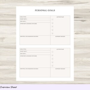 May include: A printable worksheet with two sections for setting personal goals. Each section includes fields for goal title, start date, end date, overview and desired outcome, action plan, how to measure success, and support needed.