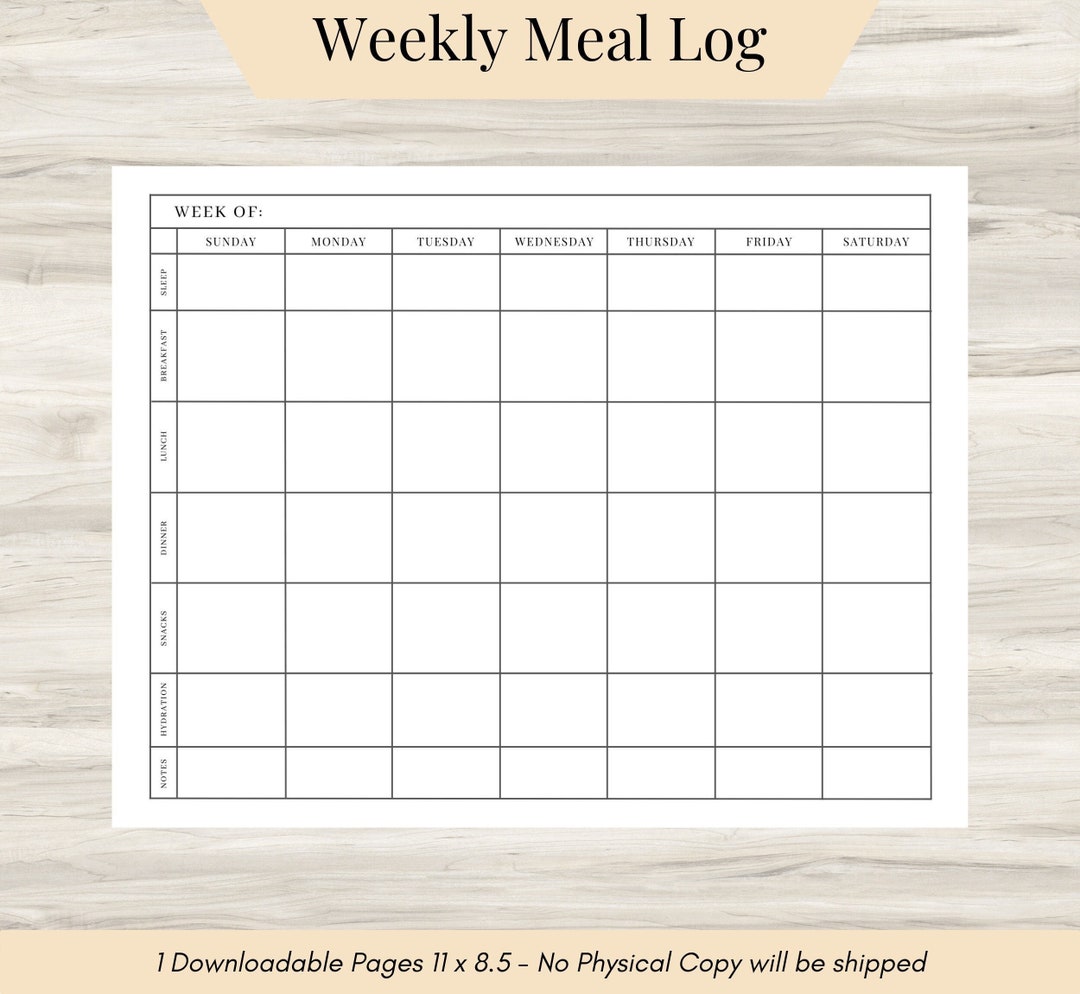 Weekly Meal Log, Printable Weekly Meal Prep, Weekly Meal Template ...