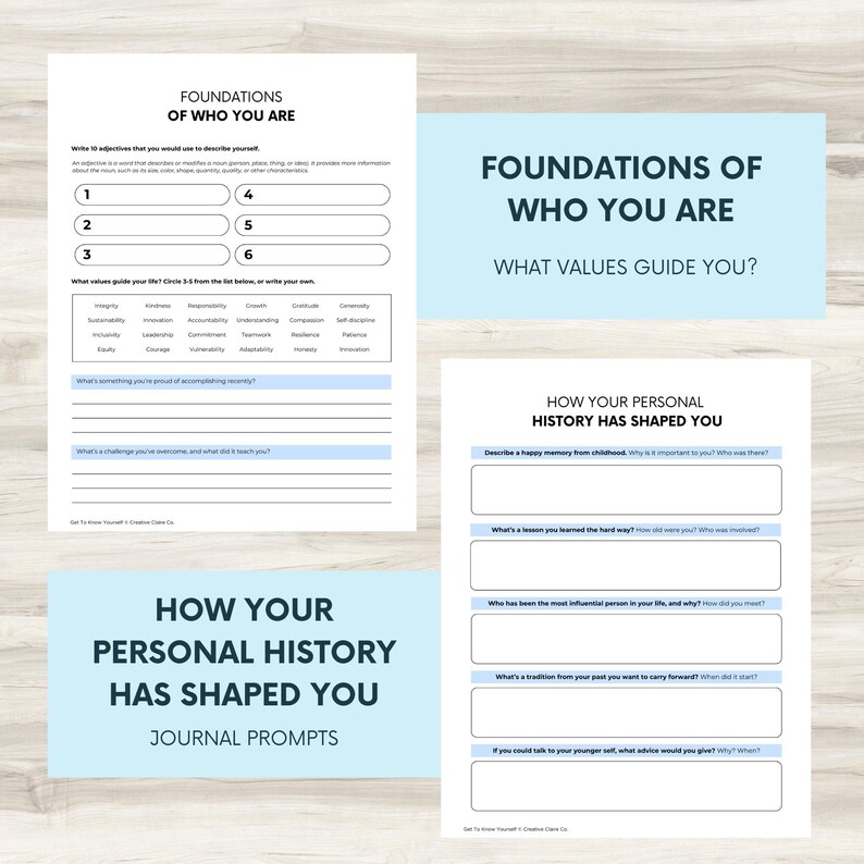 May include: A printable worksheet with the title "Foundations of Who You Are" and "How Your Personal History Has Shaped You". The worksheet includes prompts to help you reflect on your values, personal history, and how it has shaped you.