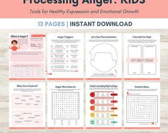 May include: A printable worksheet set for kids to help them process anger. The worksheets include activities such as identifying anger triggers, understanding feelings, and practicing coping skills. The set includes 13 pages and is available for instant download.
