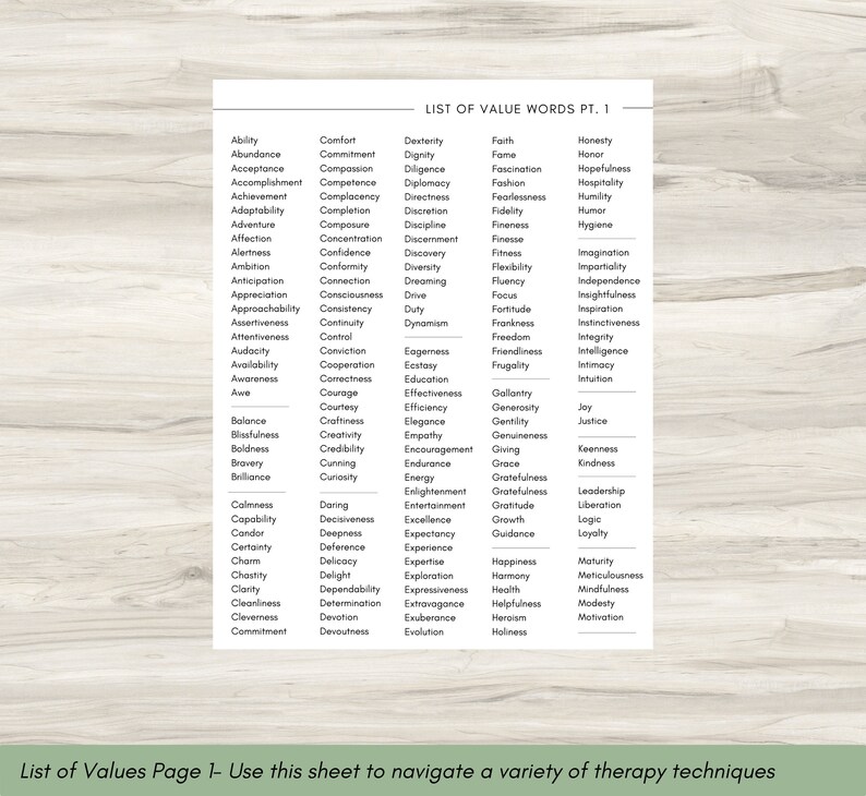 Value Words Script Value Words List: Self-care Mental Health Printable (digital PDF) - Etsy
