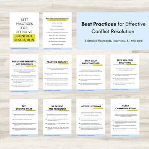 Ten flashcards are shown on this page. Active Listening, Practice Empathy, Clear Communication, Focus on Interests, Not Positions,
Stay Calm and Composed,
Seek Win-Win Solutions,
Be Patient and Persistent,
Set Ground Rules