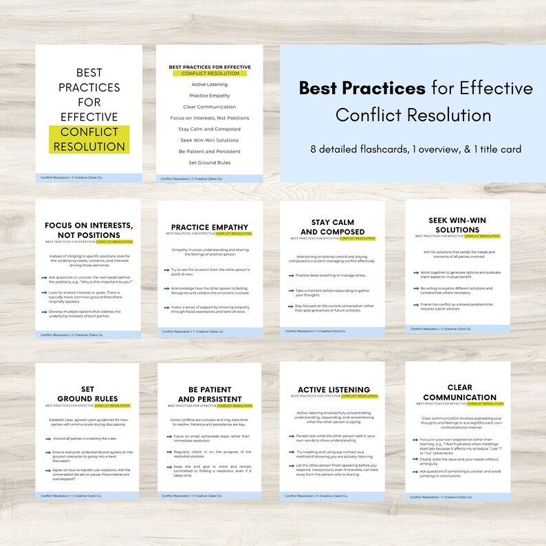 Ten flashcards are shown on this page. Active Listening, Practice Empathy, Clear Communication, Focus on Interests, Not Positions,
Stay Calm and Composed,
Seek Win-Win Solutions,
Be Patient and Persistent,
Set Ground Rules