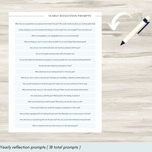 May include: A printable worksheet with blue and white text on a light blue background. The worksheet is titled "Yearly Reflection Prompts" and includes 18 prompts for self-reflection.