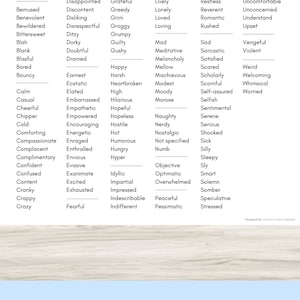 May include: A chart with a list of words describing feelings and emotions. The words are organized into columns, with each column representing a different category of emotion. The categories include: Bemused, Disappointed, Grateful, Lively, Restless, Uncomfortable, Benevolent, Discontent, Greedy, Lonely, Reverent, Unconcerned, Bewildered, Disliking, Grim, Loved, Romantic, Understand, Bittersweet, Disrespectful, Groggy, Loving, Rushed, Upset, Blah, Ditzy, Grumpy, Mad, Sad, Vengeful, Blank, Dorky, Guilty, Meditative, Sarcastic, Violent, Blissful, Doubtful, Gushy, Melancholy, Satisfied, Weird, Bored, Drained, Happy, Mellow, Scared, Welcoming, Bouncy, Earnest, Harsh, Mischievous, Scholarly, Whimsical, Calm, Ecstatic, Heartbroken, Modest, Scornful, Worried, Casual, Elated, High, Moody, Self-assured, Cheerful, Embarrassed, Hilarious, Morose, Selfish, Chipper, Empowered, Hopeless, Naughty, Serene, Cold, Encouraging, Hostile, Nerdy, Serious, Comforting, Energetic, Hot, Nostalgic, Shocked, Compassionate, Enraged, Humorous, Not specified, Sick, Complacent, Enthralled, Hungry, Numb, Silly, Complimentary, Envious, Hyper, Objective, Sleepy, Confident, Evasive, Idyllic, Optimistic, Sly, Confused, Exanimate, Impartial, Overwhelmed, Smart, Content, Excited, Impressed, Peaceful, Solemn, Cranky, Exhausted, Indescribable, Pessimistic, Somber, Crappy, Fearful, Indifferent,  Speculative, Stressed.