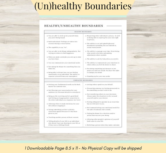 healthy unhealthy boundaries worksheet personal boundaries etsy